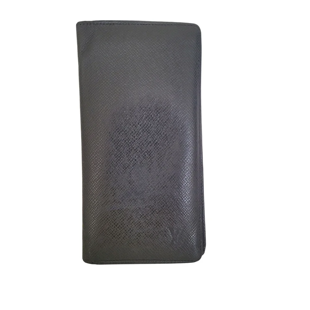 Louis Vuitton Black Taiga Leather Long Bifold Wallet Zippered Coin Pouch TA2114